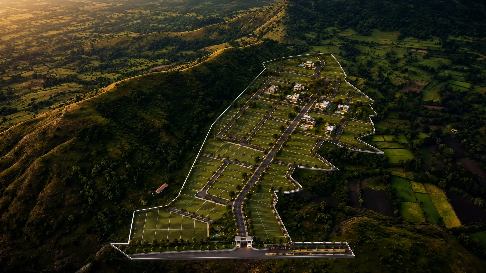 Aerial view of Seven Hills villa plots in Wai among forested hills