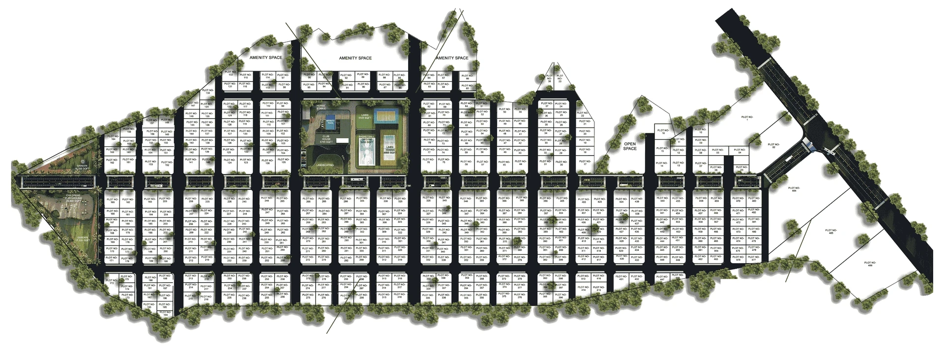 Sanctioned site map of Seven Hills, Wai: numbered NA villa plots from 1,625 sq.ft along a spine road with cross roads to every plot, the amenities section with club house, infinity pool, horse stables, basketball ground and lawn tennis court at the centre, hill top plots to the west, amenity open spaces, and commercial plots where the estate meets the state highway.
