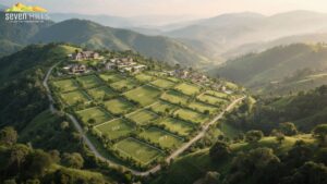 Premium Farmhouse Plots Near Pune at Seven Hills, Wai surrounded by scenic hills and planned green landscapes offering peaceful nature living